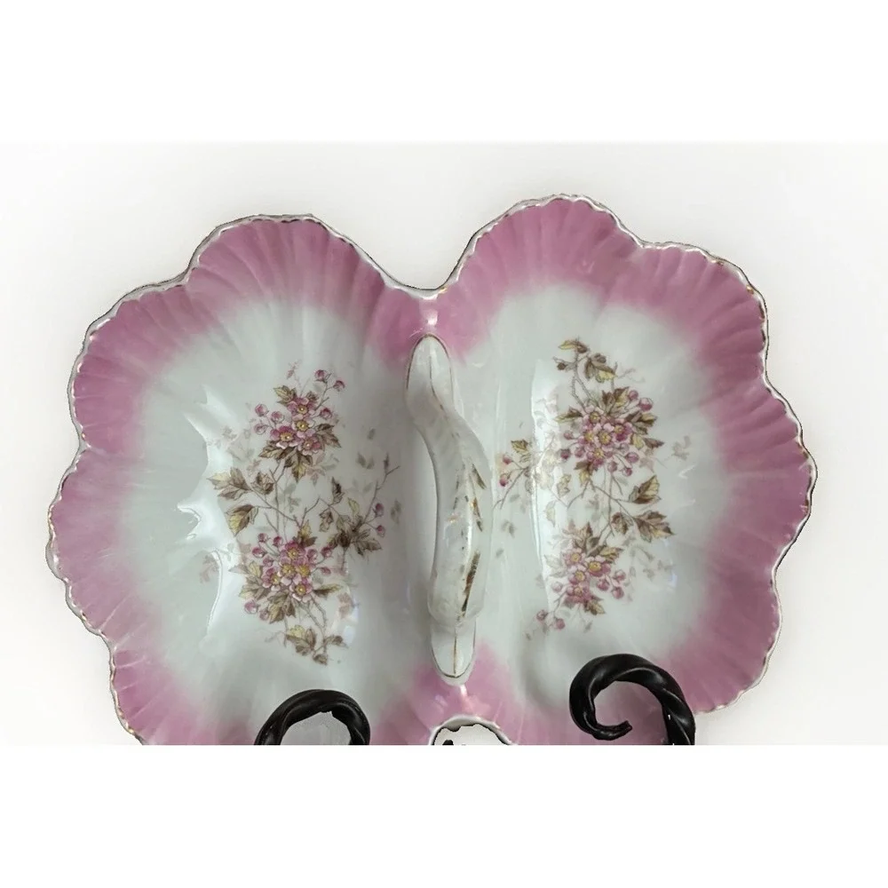 Antique KPM Germany Porcelain Pink Floral Divided Serving Dish Center Handle